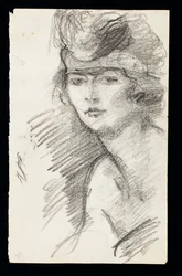Studie af en model, med hårbånd, ca. 1900 (kul på papir)